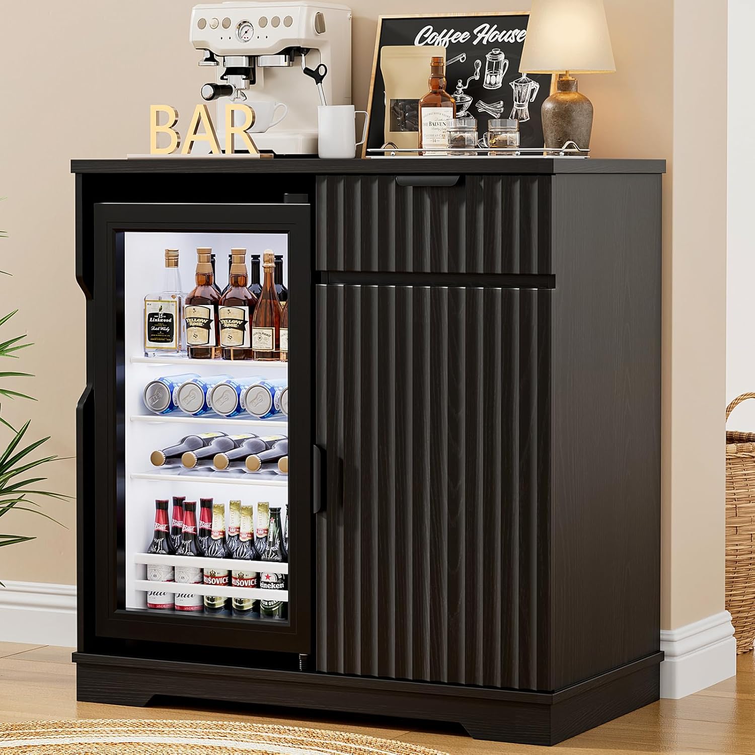 Fluted Coffee Bar Cabinet with - Home Bar And Fridge 评论和价格